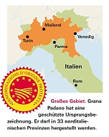 Grana Padano hat eine geschützte Ursprungsbezeichnung. Er darf in 33 norditalienischen Provinzen hergestellt werden. Bild: Grana Padano hat eine geschützte Ursprungsbezeichnung. Er darf in 33 norditalienischen Provinzen hergestellt werden.