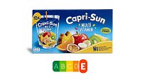 Bild: Zwar sind bunte Fr&uuml;chte prominent auf der Verpackung abgebildet � die Capri Sun Multivitamin enth&auml;lt jedoch lediglich 12 Prozent Frucht und daf&uuml;r ganze 9 Prozent Zucker, somit auch reichlich Kalorien � daher wird sie mit dem schlechtesten Nutri-Score E bewertet.
