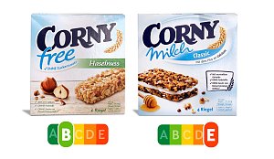 Zwei Corny-M&uuml;sliriegel, aber nur einer ist eine ausgewogene Zwischenmahlzeit: Corny Free enth&auml;lt kaum ges&auml;ttigte Fette und Zucker, daf&uuml;r viele Proteine und Ballaststoffe � deshalb tr&auml;gt er den Nutri-Score B. Corny Milch dagegen enth&auml;lt mehr Zucker und Fett als eine Schoko-Sahne-Torte � der Nutri-Score entlarvt ihn auf einen Blick.