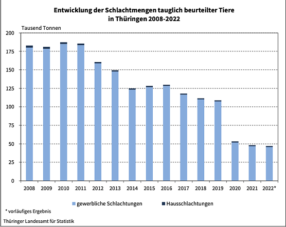 Schlachtmengen 2008 bis 2022 (Foto: Landesamt f&uuml;r Statistik)