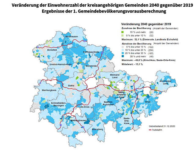 Bild: Th&uuml;ringenkarte Bev&ouml;lkerungsentwicklung