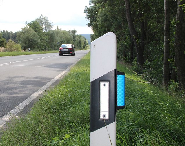 Bild: Zus&auml;tzliche blaue Reflektoren an den stra&szlig;enbegleitenden Leitpfosten (re.) werfen durch das Scheinwerferlicht vorbeifahrender Fahrzeuge bei D&auml;mmerung und Dunkelheit Lichtsignale an den Waldrand, um damit das Wild zu vergr&auml;men � ihre Wirkung ist wissenschaftlich umstritten