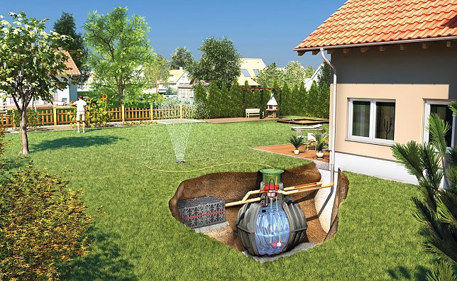 Bild: Wer Trinkwasserkosten und Niederschlagswassergeb&uuml;hren reduzieren will, kann Regenwassernutzung und Versickerung kombinieren. Die unterirdischen Systeme sind flexibel planbar und tragen zudem zum Umweltschutz bei.