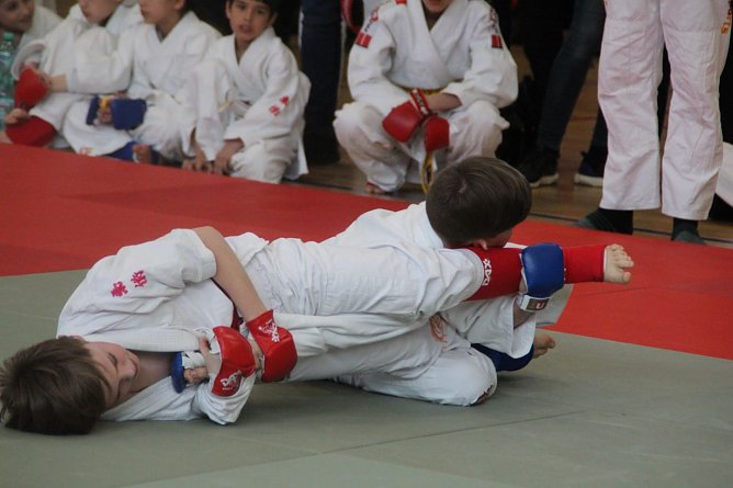 Jonas Schl&ouml;be, vorn rot, Setzt einen Armstreckhebel an (Foto: JuJutsu Verein)