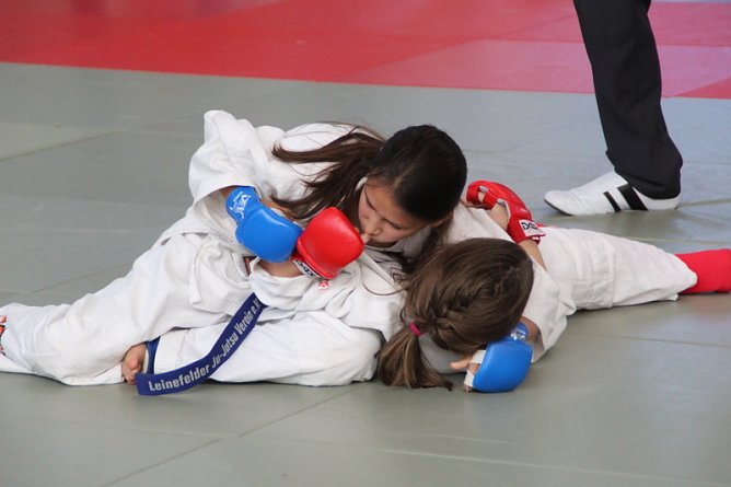 Shabnam Ataii (blau,l.) mit einer Festhaltetechnik (Foto: Ju-Jutsu)