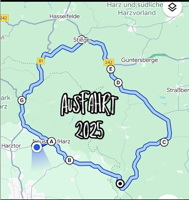 Die Streckenf&uuml;hrung f&uuml;r die Rundfahrt durch den S&uuml;dharz (Foto: Franziska Tristram und der MZ- und Simsonfreunde )