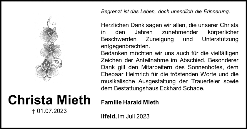Danksagung Christa Mieth (Foto: Bestattungshaus Eckhard Schade)