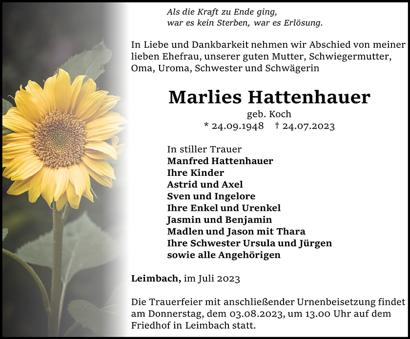 Traueranzeige Marlies Hattenhauer (Foto: Bestattungshaus Eckhard Schade)