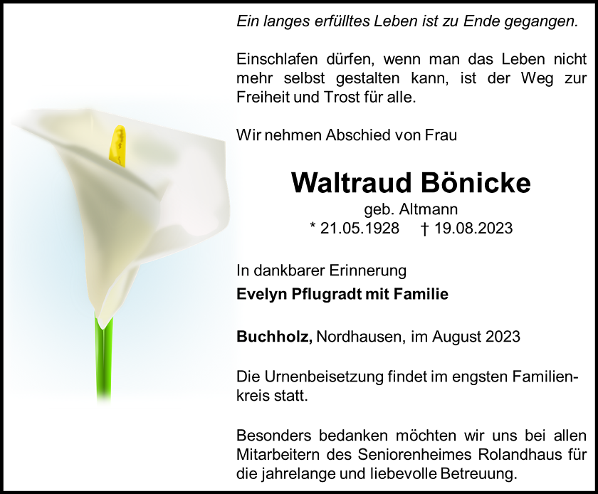 Traueranzeige Waltraud B&ouml;nicke (Foto: Bestattungshaus Eckhard Schade)