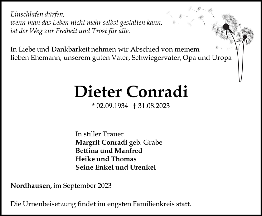 Traueranzeige Dieter Conradi (Foto: Bestattungshaus Eckhard Schade)