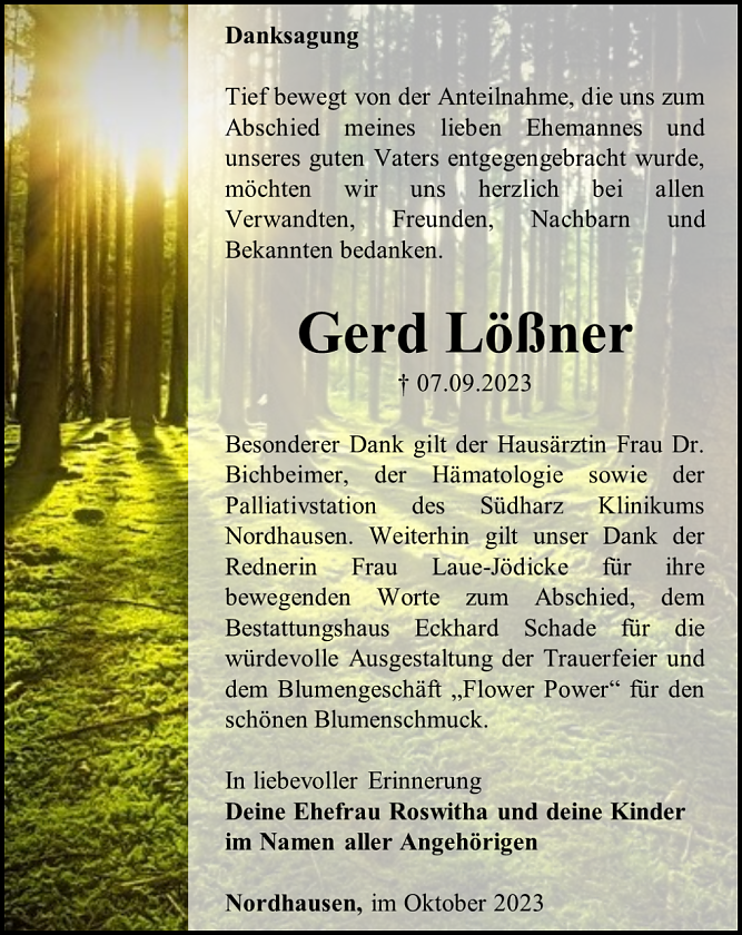 Danksagung Gerd L&ouml;&szlig;ner (Foto: Bestattungshaus Schade)