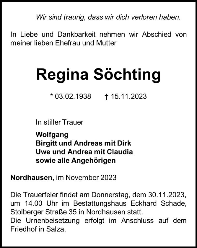 Traueranzeige (Foto: Bestattungshaus Schade)