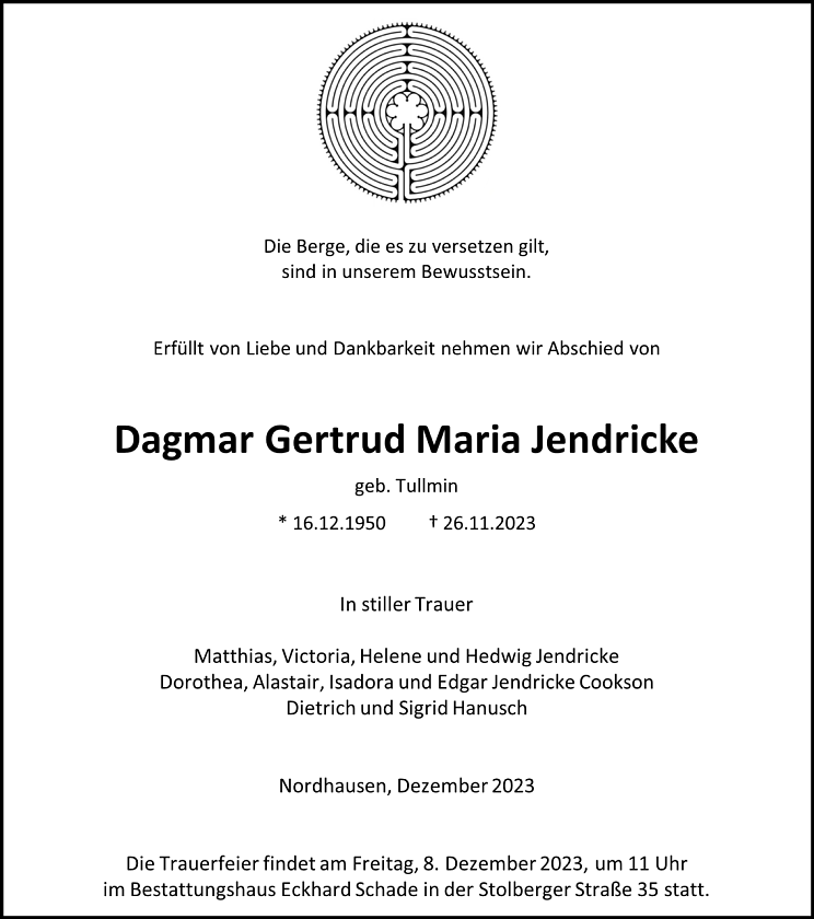 Traueranzeige Dagmar Jendricke (Foto: Bestattungshaus Eckhard Schade)