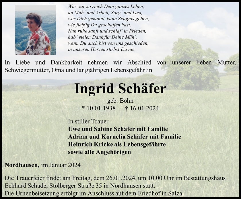 Traueranzeige Ingrid Sch&auml;fer (Foto: Bestattungshaus Eckhard Schade)