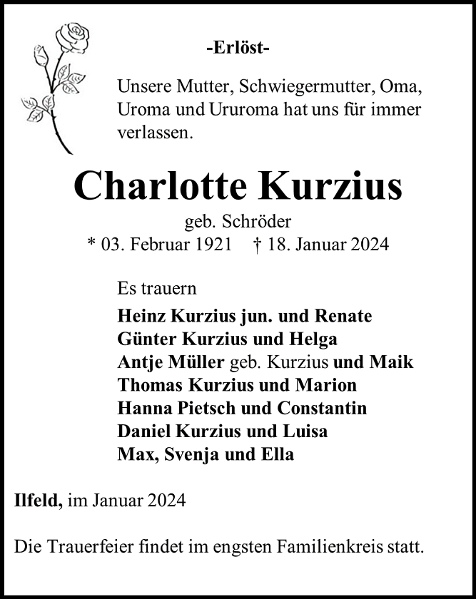 Traueranzeige Charlotte Kurzius (Foto: Bestattungshaus Eckhard Schade)