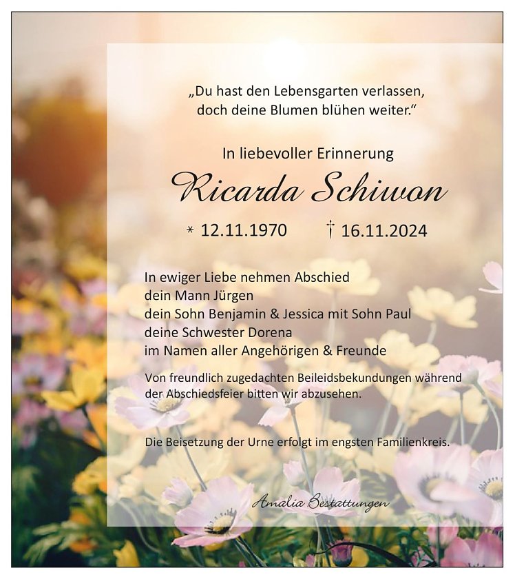 Traueranzeige Ricarda Schiwon (Foto: Amalia Bestattungen)