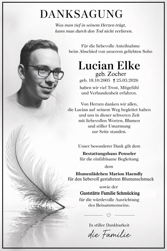 Danksagung im Trauerfall Lucian Elke (Foto: Bestattungshaus PENSELER)