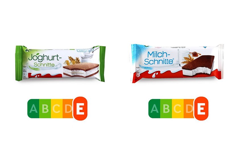 Das Verpackungsdesign der Joghurt-Schnitte von Ferrero l&auml;sst einen leichten Snack vermuten � der Nutri-Score zeigt, dass sie genauso wie die Milchschnitte in Wahrheit eine Zucker-Fett-Bombe ist.